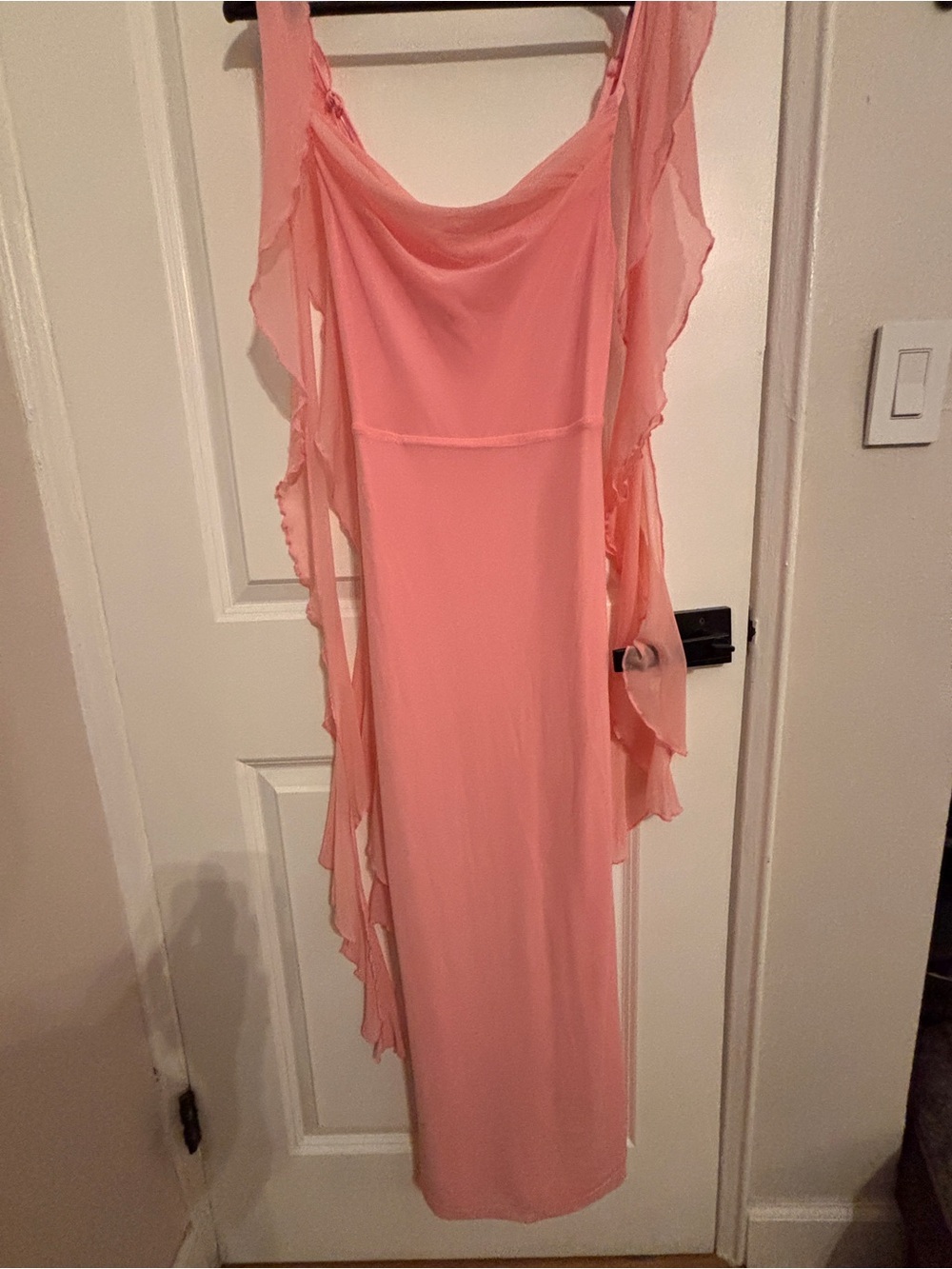 Sleeveless Coral Pink Ruffle-Trim Maxi Dress